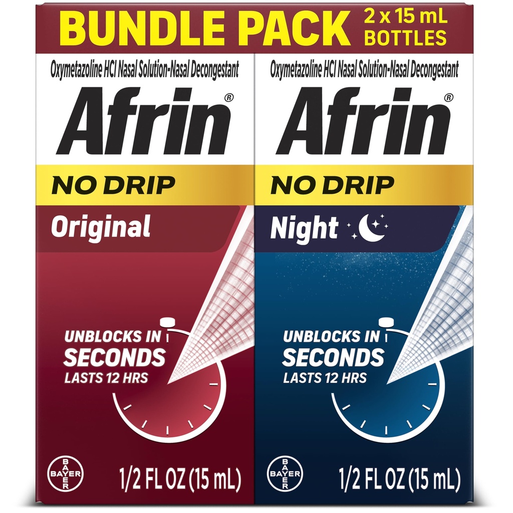 Afrin なし Drip オリジナル + ナイト鼻ミストバンドルパック, 非眠気, 鼻の混雑と鼻の圧力救助のための高速演技デカンストラント, 大人と子供 6 以上, .5 fl oz (パッケージ 2)