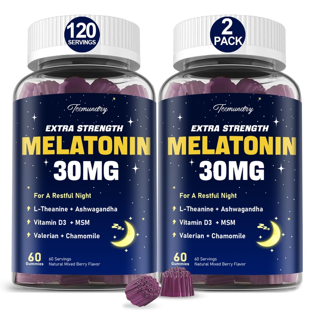 大人のためのMelatoninのグミー30mg:L-テアニン、Ashwagandha、MSM、ビタミンD3及び亜鉛-非習慣の形成、自然な混合されたベリー味60の計算(パッケージ2)の