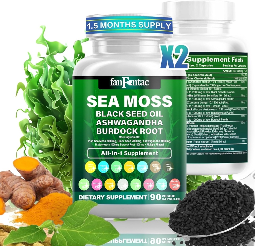 海苔7000mg - 黒い種油2000mg - Ashwagandha 1000mg - Bladderwrack 1000mg - ターメリック1000mg - Burdock 1000mg - ビタミンC 90mg - ビタミンD3 1000IU - 複数の鉱物350mg - 180カプセル
