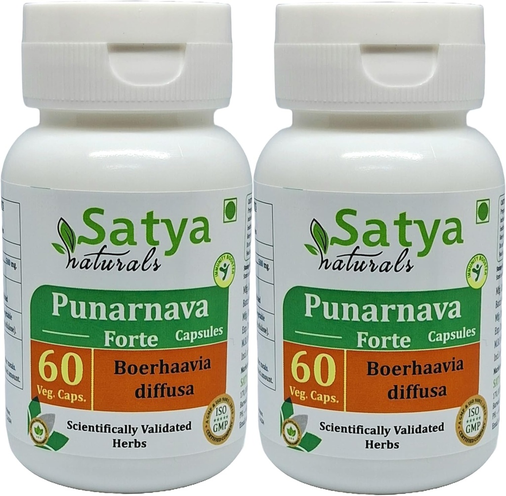 Punarnava Forte Capsule 500 mg. 60 Veg. Capsule | Punarnava (Boerhaavia Diffusa) Extract Capsules for Men and women | Ayurvedic Herbal Supplement/Remedies | 10:1 Forte (2 Bottles of 60 Capsules)