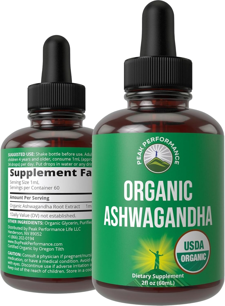 Ashwagandhaの液体の低下。USDAの有機性ビーガン補足。 女性、人、子供のための余分強さのAshwagandhaの根のエキス。適応物質を使って。 砂糖ゼロ、有機、グルテンフリーのチンキサプリメント。
