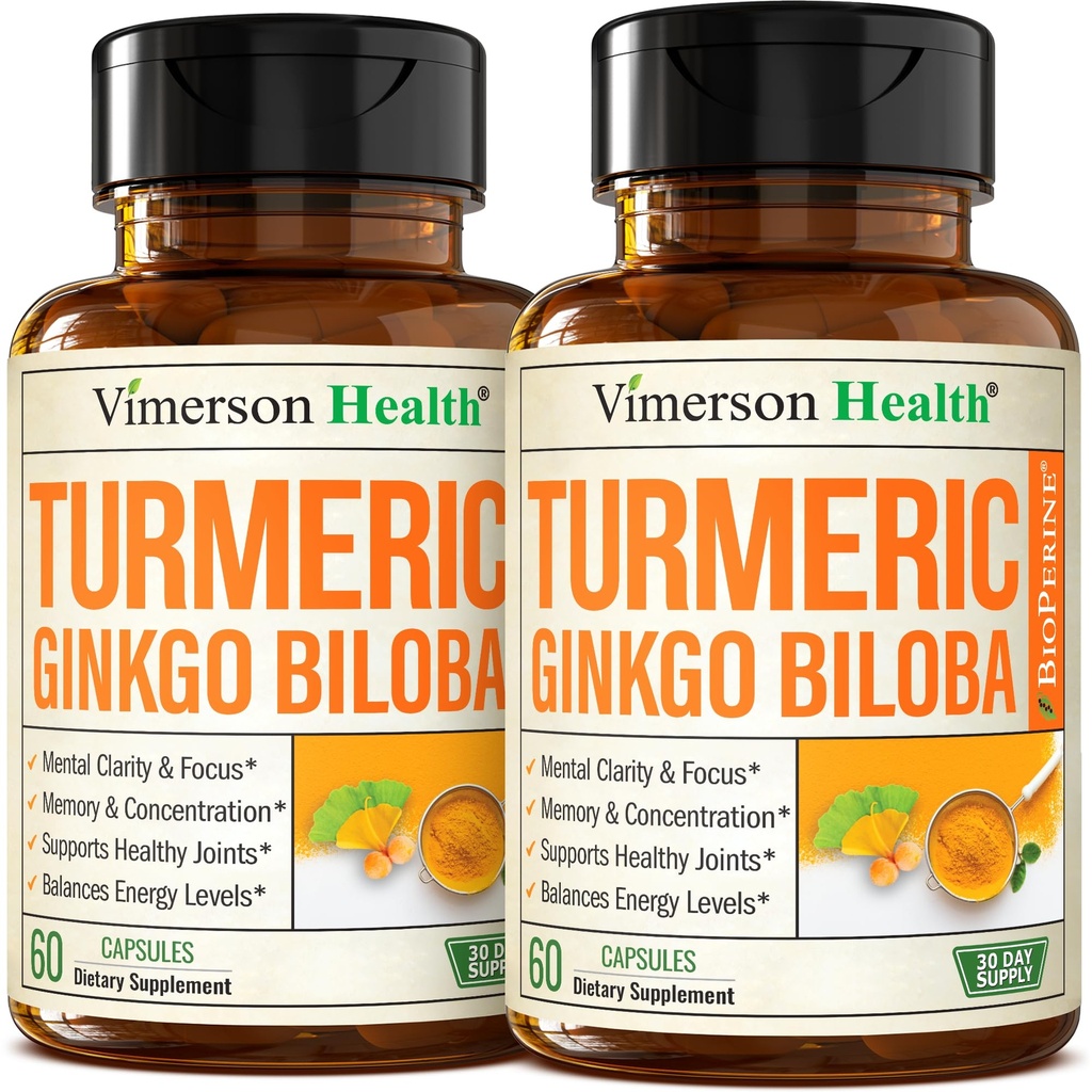 Ginkgo Biloba と ターメリック クルクミン サプリメント w/ブラックペッパー & オーガニック ターメリック – フォーカスのための自然なターメリック サプリメント, メモリ, 関節 & 脳の健康 – ビーガン Ginko Biloba カプセル w/Curcuma – 2 パック