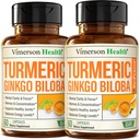 Ginkgo Biloba と ターメリック クルクミン サプリメント w/ブラックペッパー & オーガニック ターメリック – フォーカスのための自然なターメリック サプリメント, メモリ, 関節 & 脳の健康 – ビーガン Ginko Biloba カプセル w/Curcuma – 2 パック