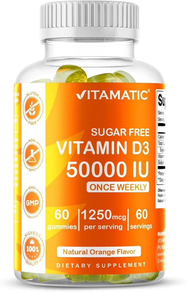 Vitamaticの砂糖はビタミンD3 50,000 IU週の補足–骨、歯及び免疫サポートのための60のペクチン ベースのグミーの高頻度ビタミンDを解放します