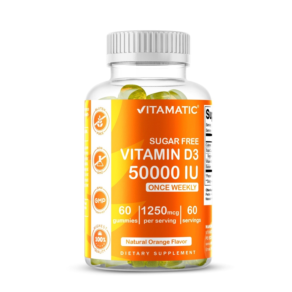 Vitamaticの砂糖はビタミンD3 50,000 IU週の補足–骨、歯及び免疫サポートのための60のペクチン ベースのグミーの高頻度ビタミンDを解放します