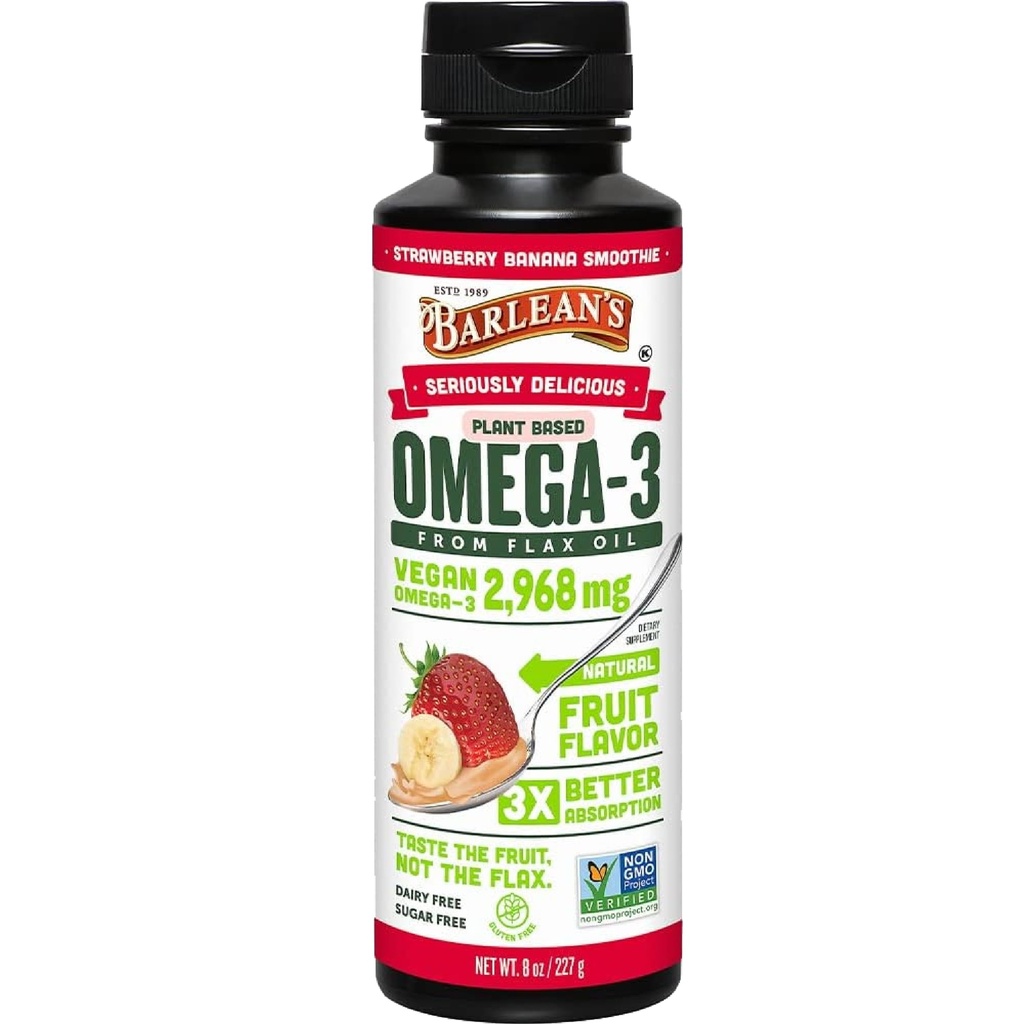 Barlean's Strawberry Banana Flaxseed Oil Liquid, ビーガンオメガ 3 6 9 子供のためのサプリメント & コールドプレスフラックスシードオイルから大人 2,968 ビーガンオメガのmg, ノンGMO&グルテンフリー, 8 oz