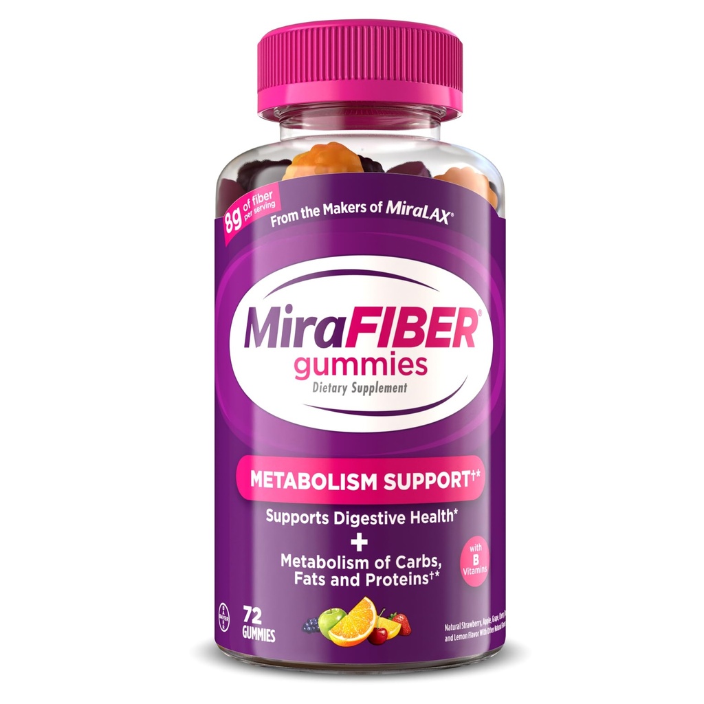 MiraFiberは、MiralaXのメーカー、サービングごとの毎日の繊維8g、ビタミンBによる代謝サポート、男性と女性のための腸の健康、大人のためのプレバイオティック繊維のガミー、混合されたフルーツ味72Ct