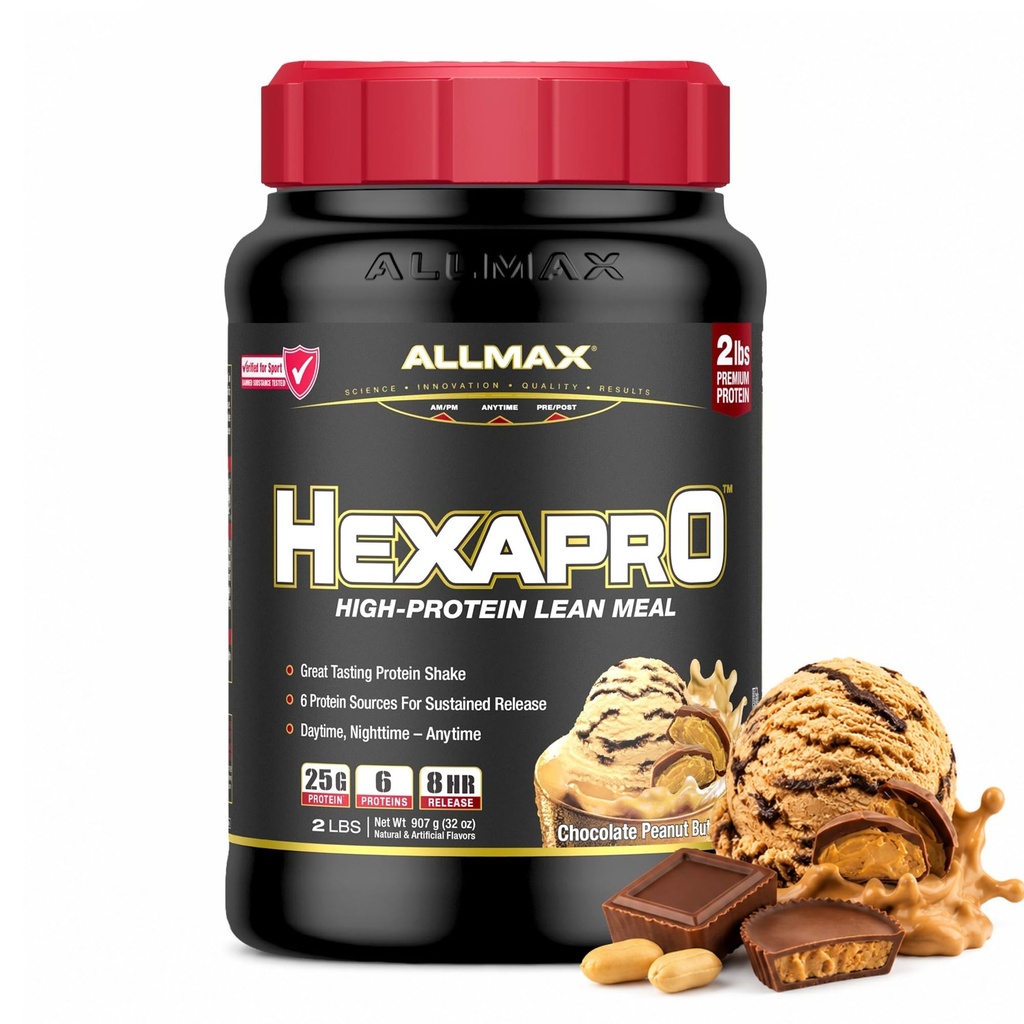AllMAX HEXAPRO, チョコレートピーナッツバター - 2 lb - 25 サービングあたりのタンパク質のグラム - 8 時間の持続的なリリース - ゼロ砂糖 - 21 サービング