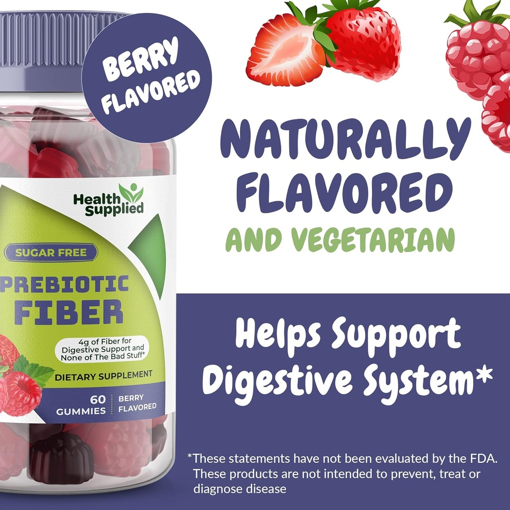 Mixed Berry Flavored Prebiotic Fiber Gummies - Supports Digestive System Through Gut Cleansing and Constipation Relief - Assists with Weight Loss Plan - Great Tasting and Easy to Swallow