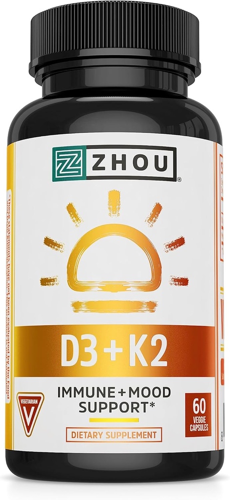 Zhou D3 + K2 - 女性と男性のためのビタミンD3 K2サプリメント、免疫サポートVit D3とK2サプリメント、D3とMK-7の5000 IUとピュアベジタリアン式 - 60 Veggieカプセル(パッケージ1)