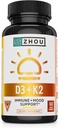 Zhou D3 + K2 - 女性と男性のためのビタミンD3 K2サプリメント、免疫サポートVit D3とK2サプリメント、D3とMK-7の5000 IUとピュアベジタリアン式 - 60 Veggieカプセル(パッケージ1)