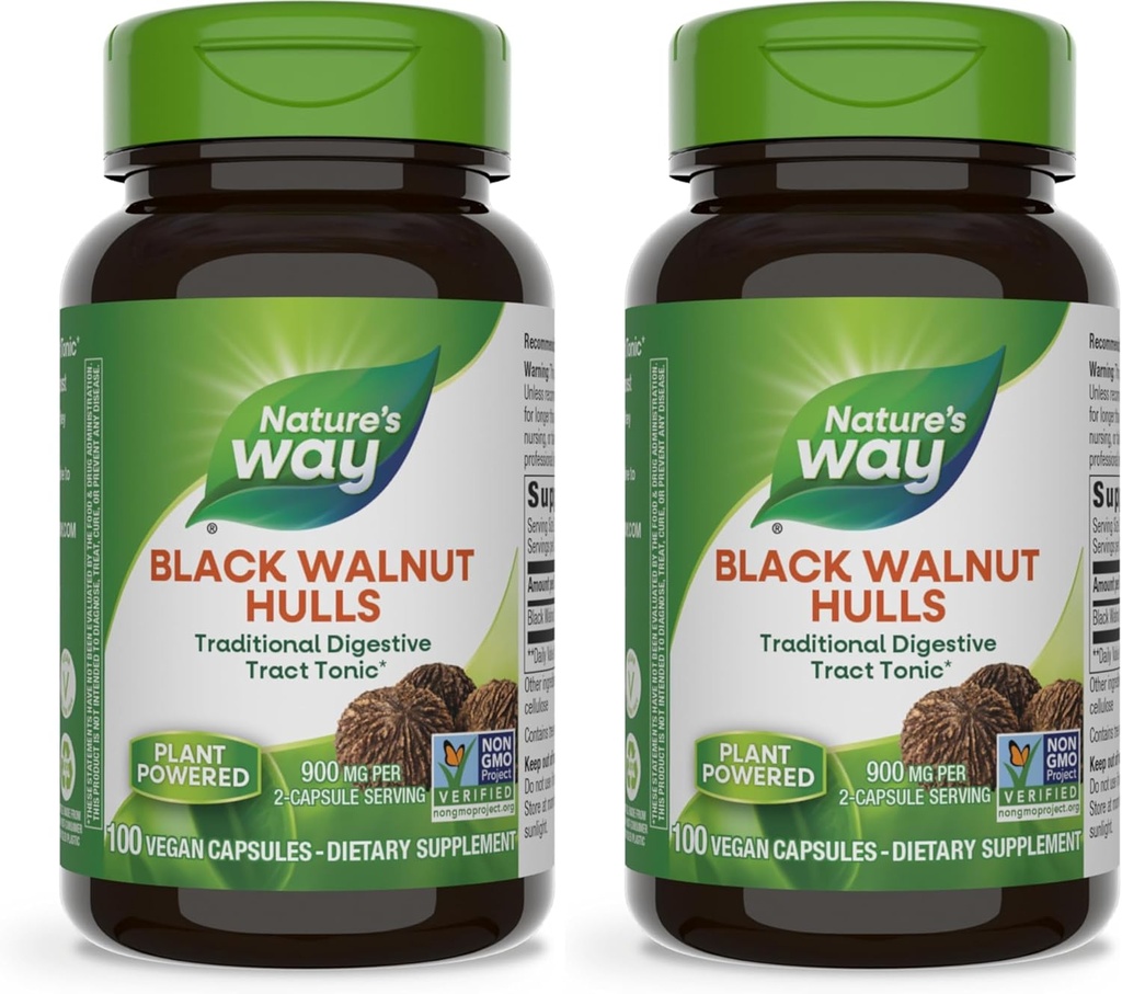 Nature's Way Black Walnut Hulls, 伝統的な消化管トニック*, 900 mg/ 2カプセルのサービング, 非GMOプロジェクト検証, ビーガン, 100カプセル (パッケージ 5 月 Vary) (パック 2)