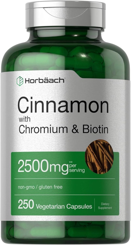 Horbäach Cinnamon with Chromium Picolinate 2500mg | 250 Capsules | Plus Biotin | Vegetarian, Non-GMO, Gluten Free