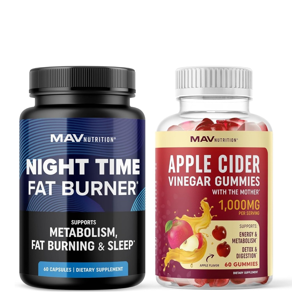MAV NUTRITIONナイトタイムファットバーナーカプセルとApple Cider Vinegar Gummies | メルトニン&ACVによる胃脂肪燃焼支援のためのオーバーナイト代謝ブースター | 1ヶ月の供給