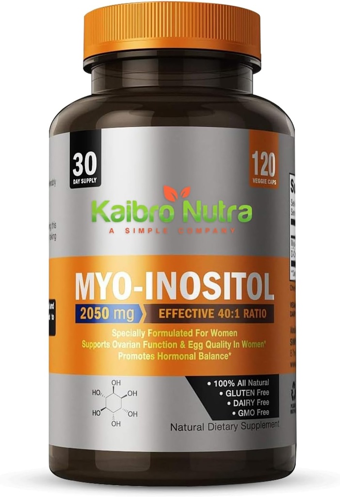 Kaibro Nutra Myo-Inositolサプリメント, Myo-Inositol & D-Chiro Inositol 40:1 比率, ホルモンバランス & ビタミンB8と女性のためのオワリアンサポート, 2050mg, ビーガン, 非GMOカプセル 120 カウント