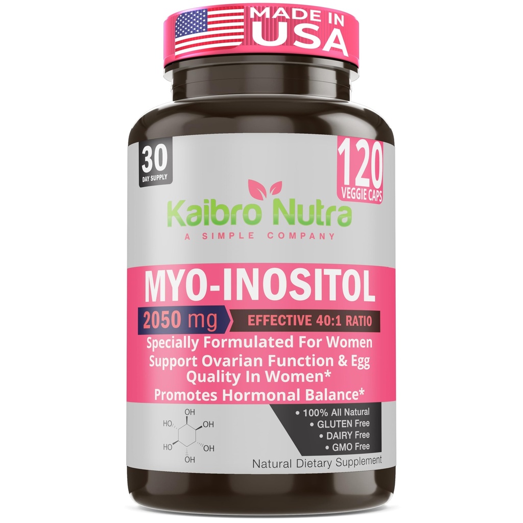 Kaibro Nutra Myo-Inositolサプリメント, Myo-Inositol & D-Chiro Inositol 40:1 比率, ホルモンバランス & ビタミンB8と女性のためのオワリアンサポート, 2050mg, ビーガン, 非GMOカプセル 120 カウント