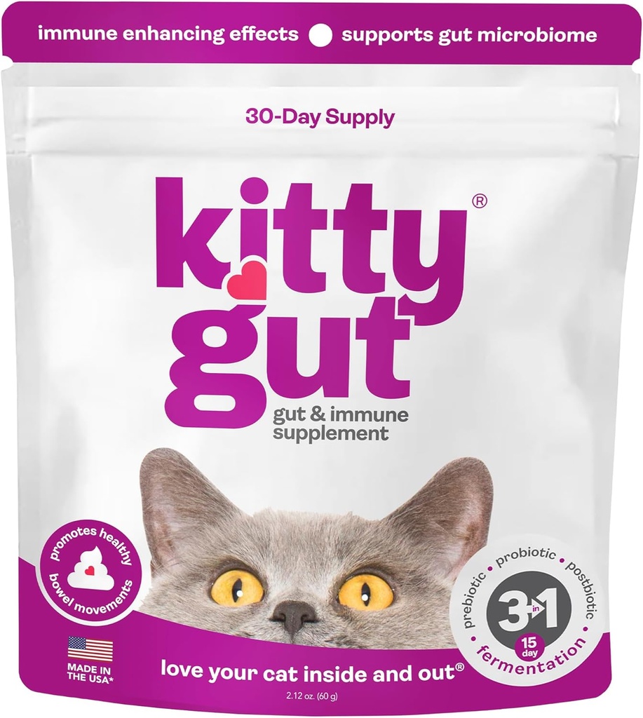 KittyGut 3-in-1 Organic Cat Probiotics & Postbiotic Supplement Powder - 米国で作られた猫のためのプロバイオティクスは、腸の健康と猫の消化のサポート、Diarrheaと嘔吐を促進します(60g)