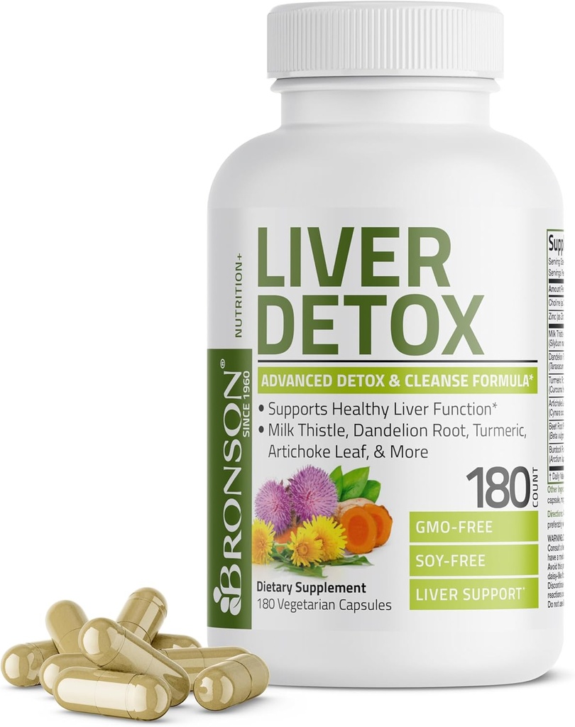 Bronson Liver Detox Advanced Detox & Cleansing Formula Supports Health Liver Function with Milk Thistle, Dandelion Root, Turmeric, Artichoke Leaf & More, Non-GMO, 180 Vegetarian Capsules