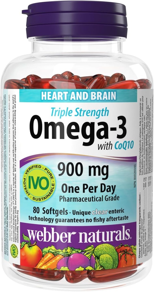 Webber NaturalsのCoQ10の腸上塗を施してある900のmg Omega-3 (EPA•DHA)の三重強さOmega-3、100のmg CoQ10の80caps
