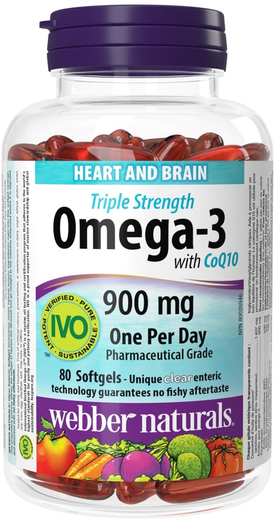 Webber NaturalsのCoQ10の腸上塗を施してある900のmg Omega-3 (EPA•DHA)の三重強さOmega-3、100のmg CoQ10の80caps