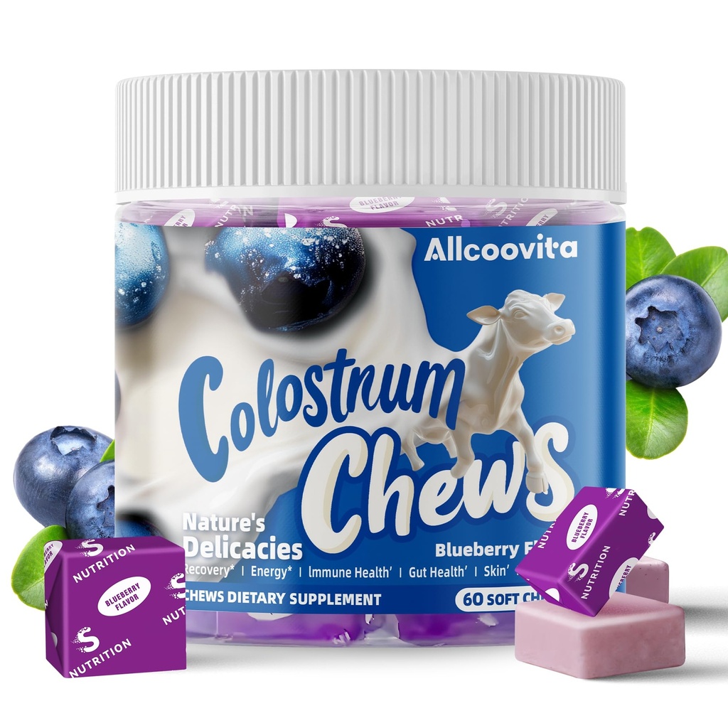 Bovine Colostrum Chewsは、Gut Health、Bloating、免疫サポート、皮膚、毛の成長と美のためのプロバイオティクスとサプリメント - Blueberry Flavor(60のサービング)