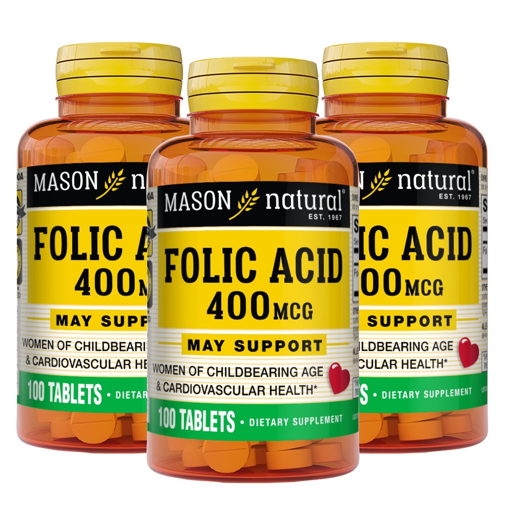 メイソン自然葉酸 400 mcg、健康、気分および胎児の世話のための毎日の補足、100 錠(3)のパック