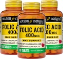 Mason Natural Folic Acid 400 mcg, Daily Supplement for Health, Mood and Prenatal Care, for Women of Childbearing Age, 100 Tablets (Pack of 3)