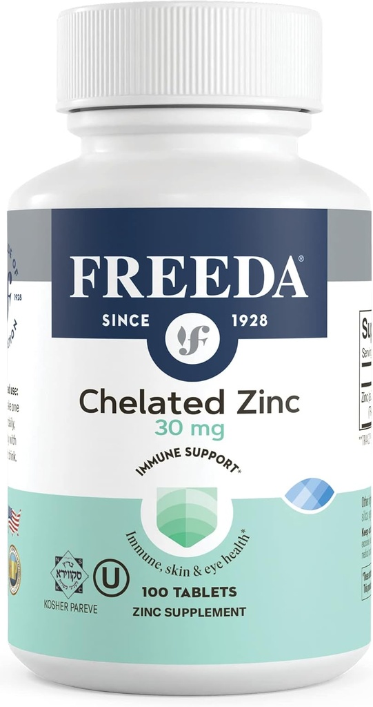 Freeda Chelated亜鉛30mg - TRAACS®亜鉛吸着剤 - 完全菜食主義者、コザール、胃に優しい - 大人のための免疫サポート、男性&女性 - 100小さなタブレット