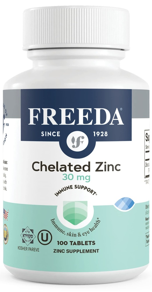 Freeda Chelated亜鉛30mg - TRAACS®亜鉛吸着剤 - 完全菜食主義者、コザール、胃に優しい - 大人のための免疫サポート、男性&女性 - 100小さなタブレット
