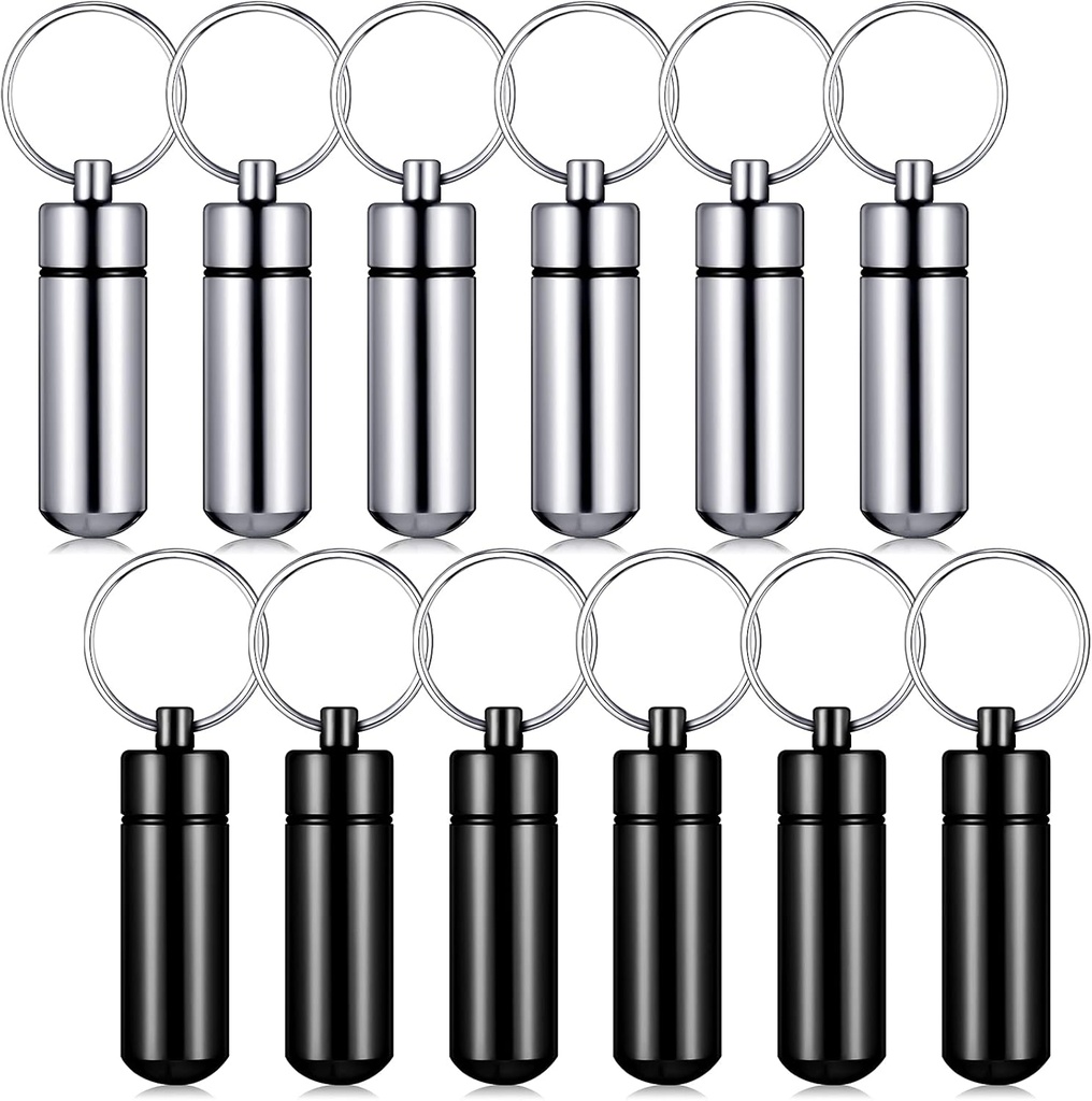 Patelai 12 Pcs Portable Keychain Pill Holder Mini Pocket Pill Case for Men Women Aluminum Geocache Containers Waterproof Metal Medicine Bottle Organizer for Outdoor Camping Travel(Black and Silver)