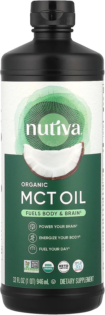 Nutiva オーガニック MCT オイル, 不燃, 32 Oz, USDA Organic, Non-GMO, Non-BPA, 全 30 承認, 完全菜食主義者の, グルテンフリー & Keto, サービングあたり14g MCT & コーヒーにエネルギーブーストのためのニュートラル味, シェイクスとサラダ