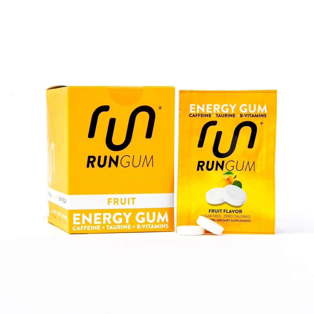 RUN GUMフルーツエナジーチューイングガム50mgカフェインタウリン&B-Vitamins Per Piece、24ピース(12パック)砂糖無料、ゼロカロリー、アスパルテームなし、グルテンフリー
