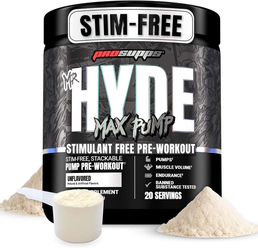 PROSUPPS Mr. Hyde Max Pump Pre Workout Powder - Stim-Free Preworkout Supports Blood Flow, Muscle Volume & Endurance - Caffeine-Free Nitric Oxide Gym & Fitness Supplements (Unflavored, 20 サービング)