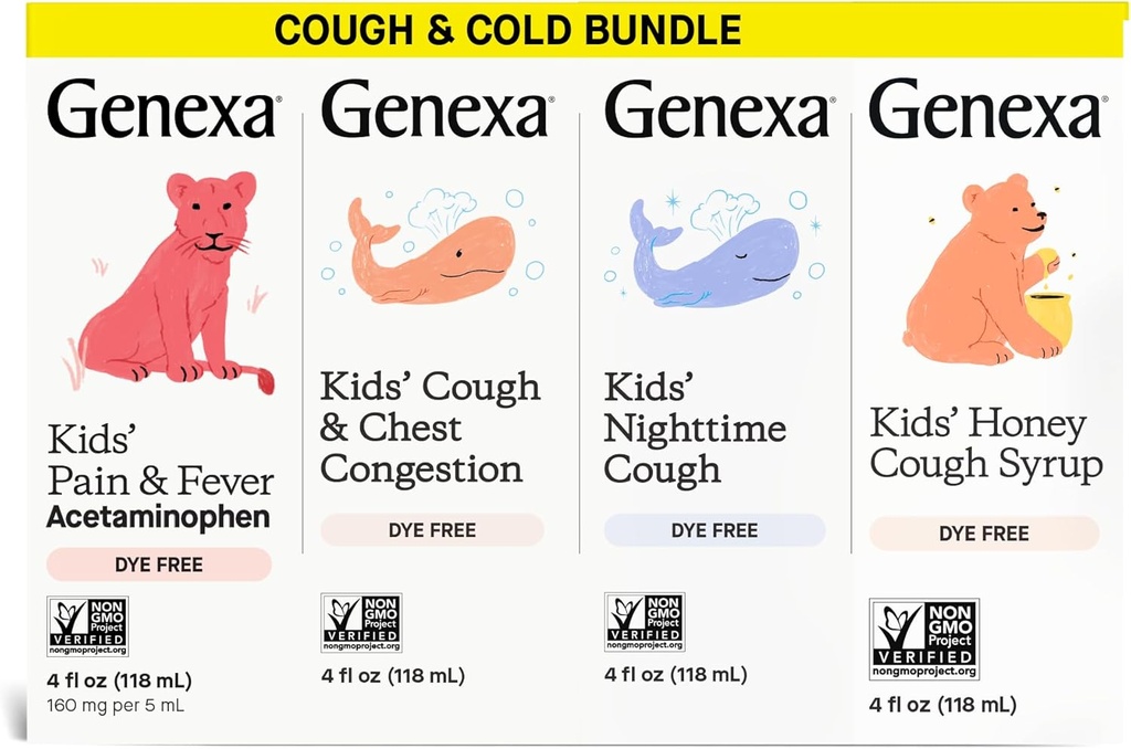 Genexaの子供のきれいな咳の薬及び蜂蜜の咳のシロップ、苦痛及び熱くする減力剤の価値4パック、染料は、0%の人工的な添加物、子供のための咳の心配、熱く及び痛みのレバー、16のflのoz (4本のびん)放します