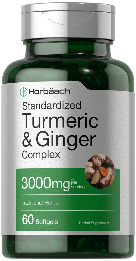 ホルバハチターメリックとジンジャーサプリメント3000mg | 60 Softgelカプセル | 黒胡椒エキス配合のターメリッククルクミンコンプレックス | ノンGMO、グルテンフリー