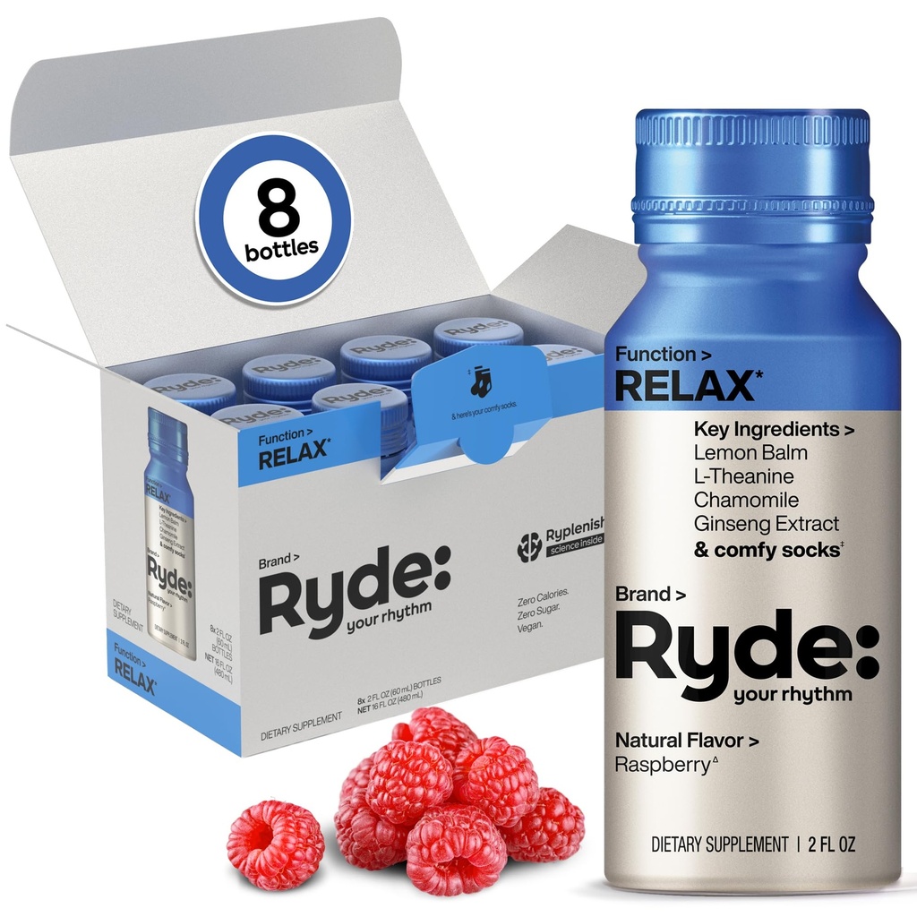 Ryde: リラックスショット | ラズベリー味 | レモンバーム, L-テアニン, ジン&チャモミール | 0カロリー, 0 砂糖 | 2FL OZ シュート | リラックスしてください* (8パック)