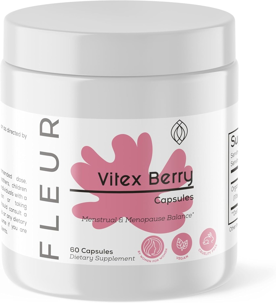 FLEUR Vitex Capsules, Vitex Chasteberry for Hormone Balance for Women, PCOS Supplement Helps Maintain Progesterone Level for Menstrual Cycle Support, Fertility & PMS Support, 500mg, 60Ct