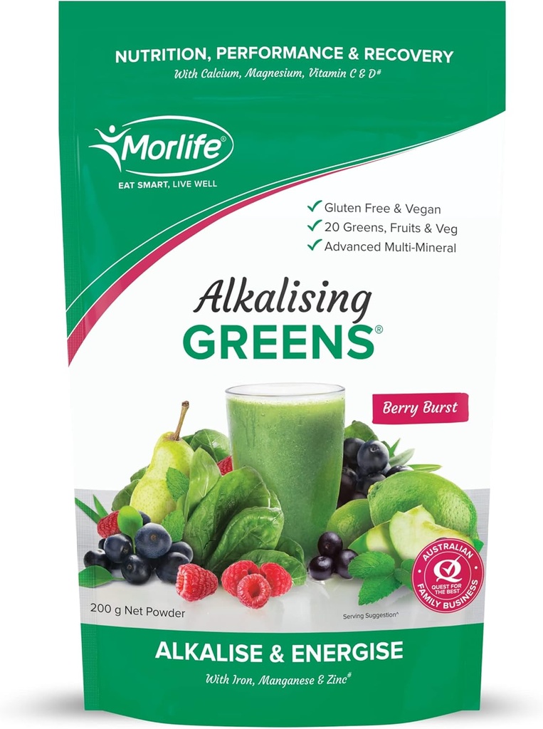 Morlife Alkalising Greensパウダーサプリメント、ベリーバースト、20スーパーグリーン、果物と野菜、プレ&プロバイオティクス、キーアルカライズミネラル、ベジタリアンスーパーフードフォーミュラ、7オンス、20サービング