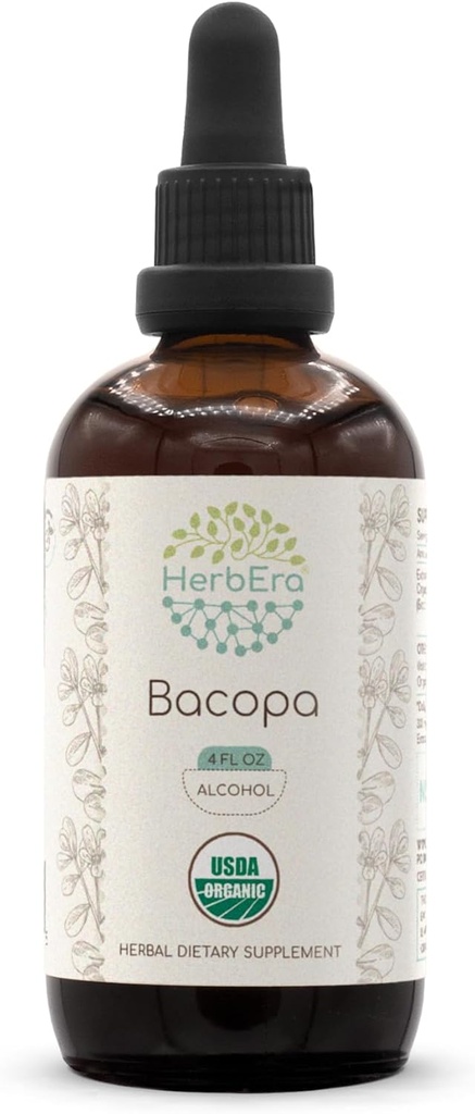 HerbEra Bacopa A120 USDA Organic Tincture | アルコールエキス、高頻度ハーブドロップ、リラクゼーション、陽性認知効果 | 認定有機バコパ(Bacopa Monnieri) 乾燥ハーブ(4 fl oz)
