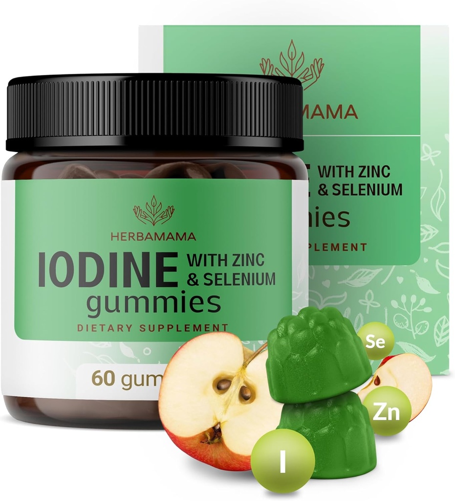 HERBAMAMA Iodine Gummies - カリウム ヨウ素, 酸化亜鉛 & 免疫防衛と脳のサポートのためのセレン - ビーガン, 非GMO免疫サポートサプリメント - 60 PectinベースのApple風味の咀嚼