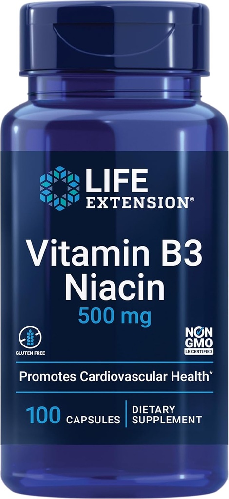 Life Extension Vitamin B3 Niacin, Heart Health, Cholesterol & Energy Support, Gluten-Free, Non-GMO, 100 Capsules