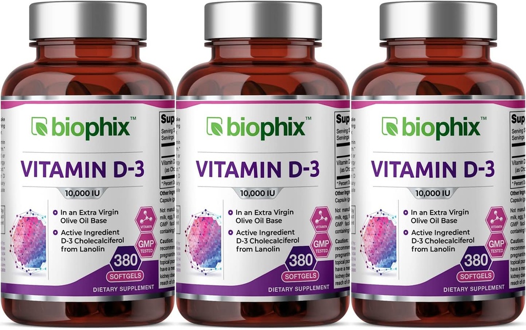 BiophixのビタミンD-3 10000 IU 380のSoftgels 3のパック - 余分バージンのオリーブ オイルの非GMOの大豆なしサポート強い骨の免疫の健康の高い潜在的能力