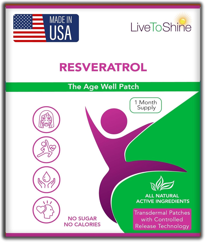 Live To Shine Resveratrol Patch - Transdermal Topical Plant-Based Antioxidant Support for Healthy Aging and Wellness - 30 Patches for Women and Men - USA Made