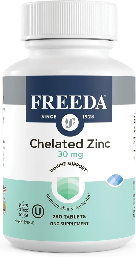 Freeda Chelated亜鉛30mg - TRAACS®亜鉛吸着剤 - 完全菜食主義者、コザール、胃に優しい - 大人、男性、女性のための免疫サポート - 250 小さなタブレット