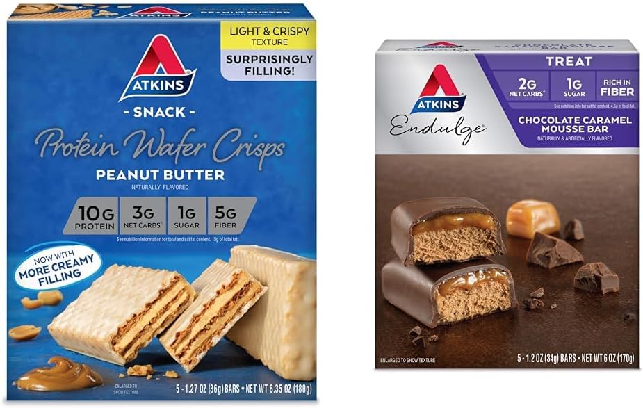 Atkinsのピーナツのバターの蛋白質のウエファーは5の計算およびチョコレートキャラメルのマウス棒5の計算の束を肋骨で切ります