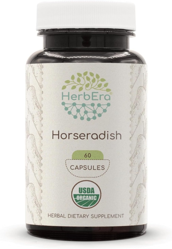 HerbEra ホースラディッシュ USDA オーガニック 60 カプセル | 天然ハーブ サプリメント | 認定オーガニック ベジタリアン カプセルとオーガニック ホースラディッシュ (Armoracia rusticana) ドライ ルート (60 カプセル)