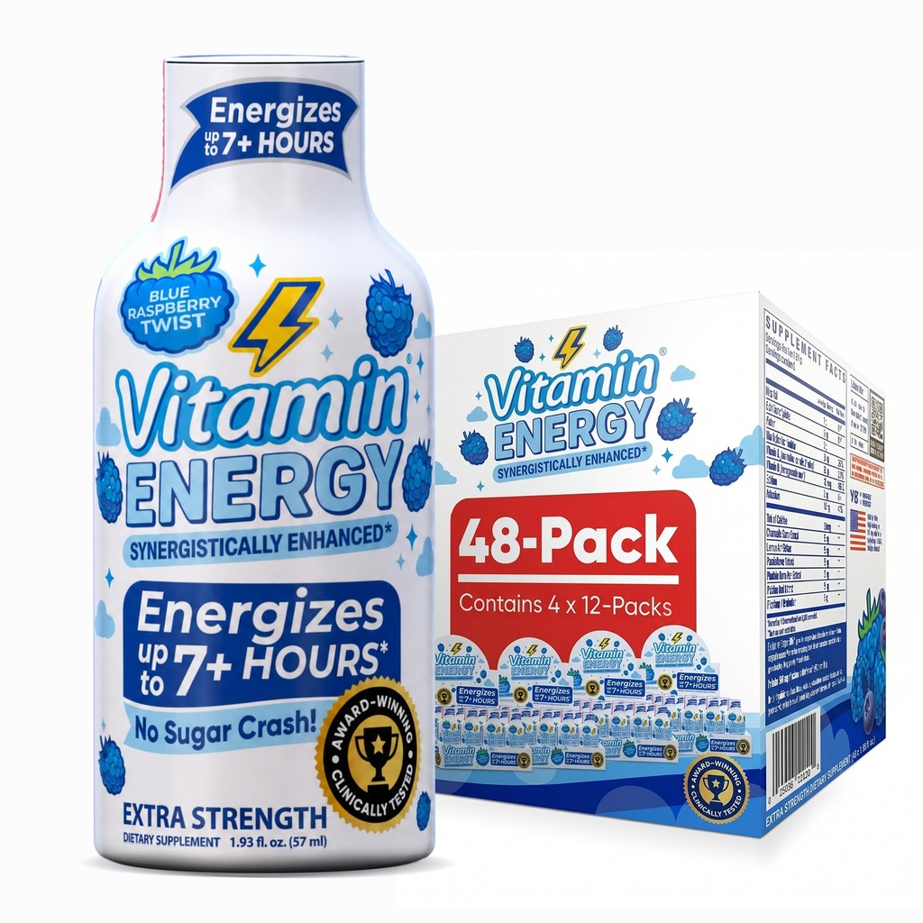 ビタミン エネルギー 免疫+ 余分強さ エネルギー ショット 青 ラズベリー 48 のパック、260mg 自然なカフェイン、B ビタミン、シチコリン、緑茶、免除及び焦点サポート、ゼロ砂糖、グルテンフリー 1.93 の fl oz