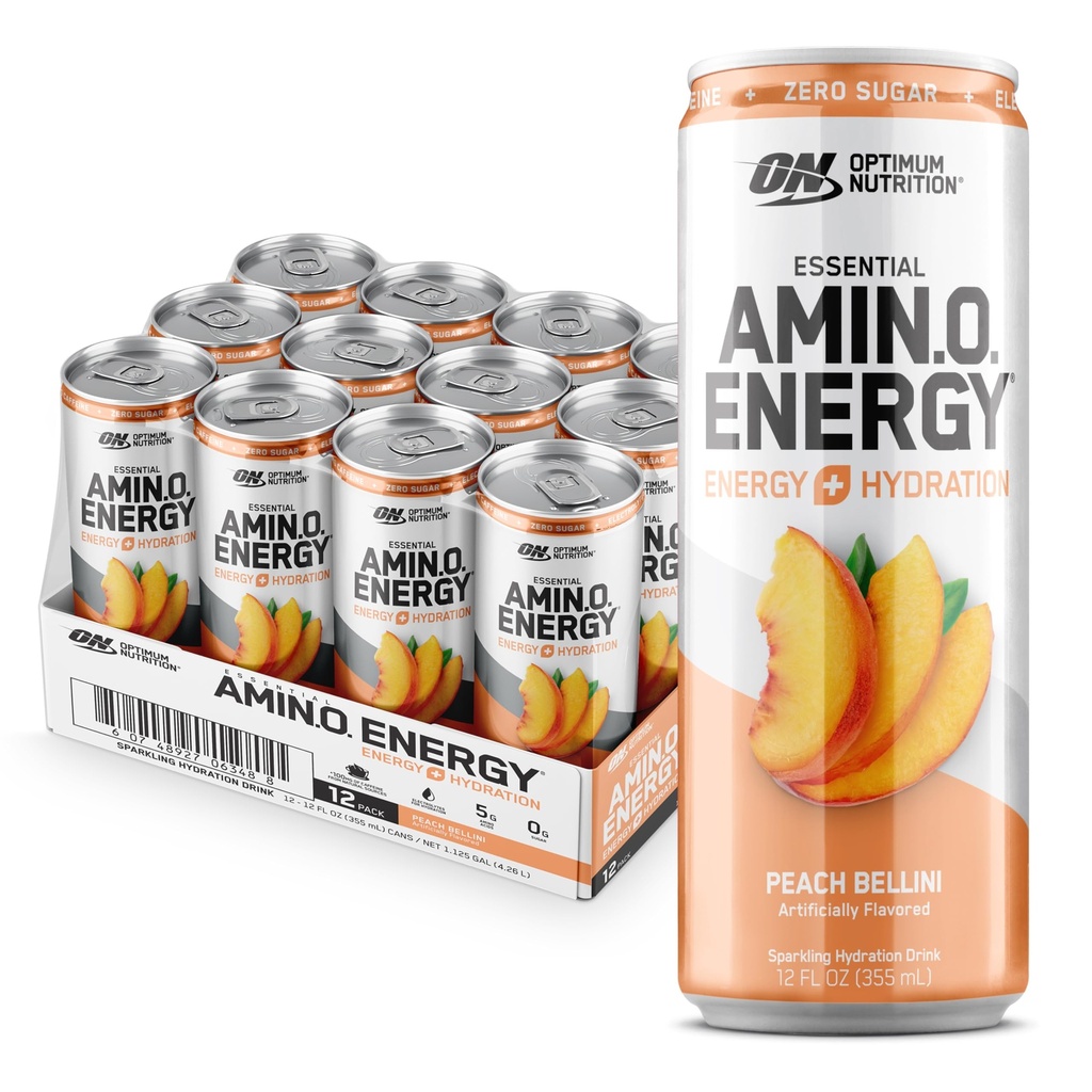 最適栄養アミノエネルギースパークリング水分補給ドリンク、電解液、カフェイン、アミノ酸、BCAA、砂糖フリー、ピーチベリーニ、12 Flオズ、12パック(5月Varyを包装)