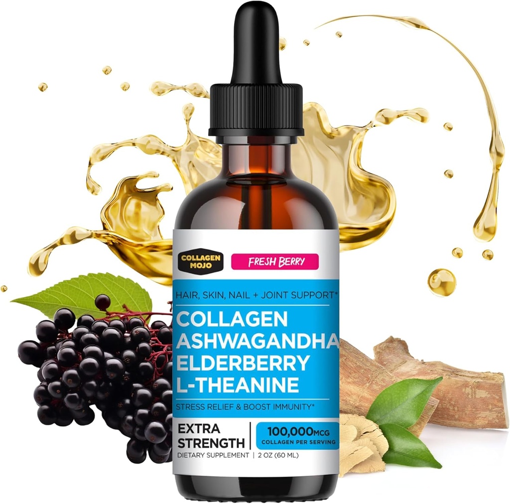 Collagen Mojo - Liquid Collagen for Women & Men, Collagen Peptides with Ashwagandha, Elderberry & L-Theanine - Hair, Skin, Nails, Joint & Stress Support, High Absorption - 100,000mcg, 2 Oz