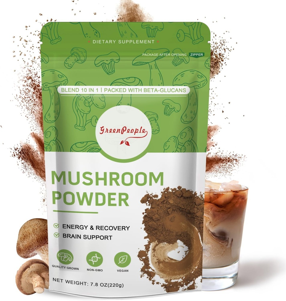 GREENPEOPLE Mushroom Powder Mushroom Supplement - 10-in-1 Mushrooms Lions Mane Powder with Reishi/Cordyceps/Chaga/Turkey Tail/Maitake/Complex for Cognitive Function & Immune Support 78 Servings